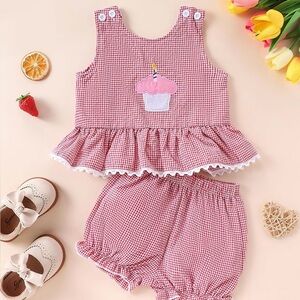 Boutique Baby Girl 2pc Red Gingham Birthday Outfit Cupcake Bloomer Set Size 2T
